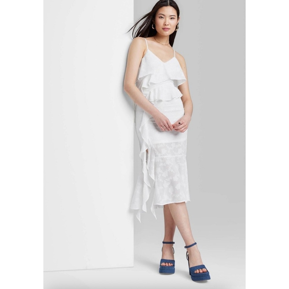 Wild Fable Midi Dress Off White Floral Ruffle V-Neck‎ Asymmetric Size Medium